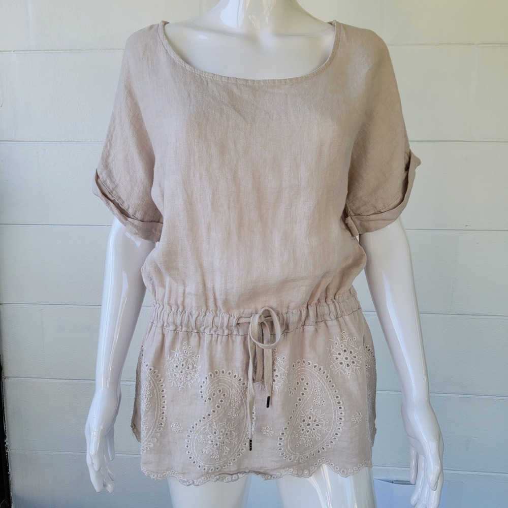 100% Linen Eyelet Tunic Top Tan Women's S Coastal Boho Cotagecore